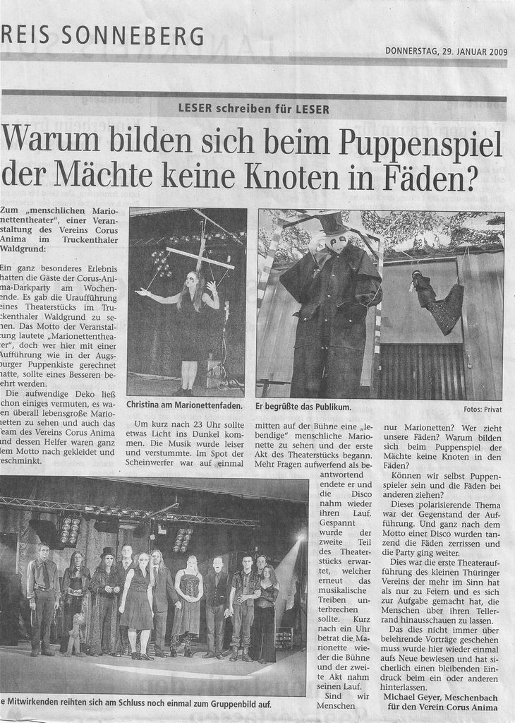 Zeitungsbericht zur Darker Party puppetry